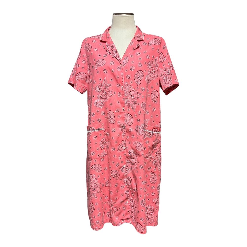 Pink K Snap Front House Dress Pockets Bandana Pink 1X